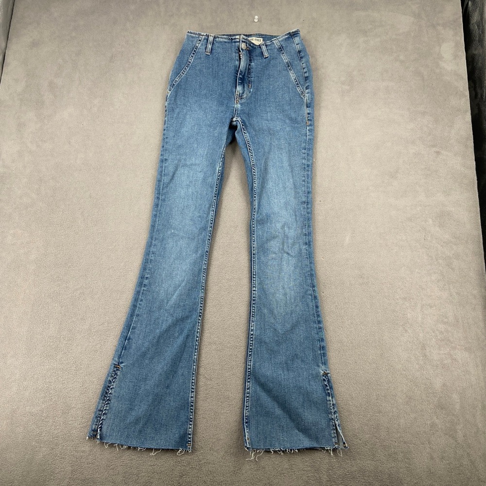 We The Free People High Rise Flare Jeans Medium Wash Raw Hem Side Slit Size 25